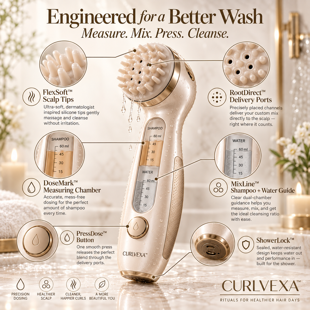 CURLVEXA™ WashDose Precision Shampoo Dosing & Scalp Cleansing System